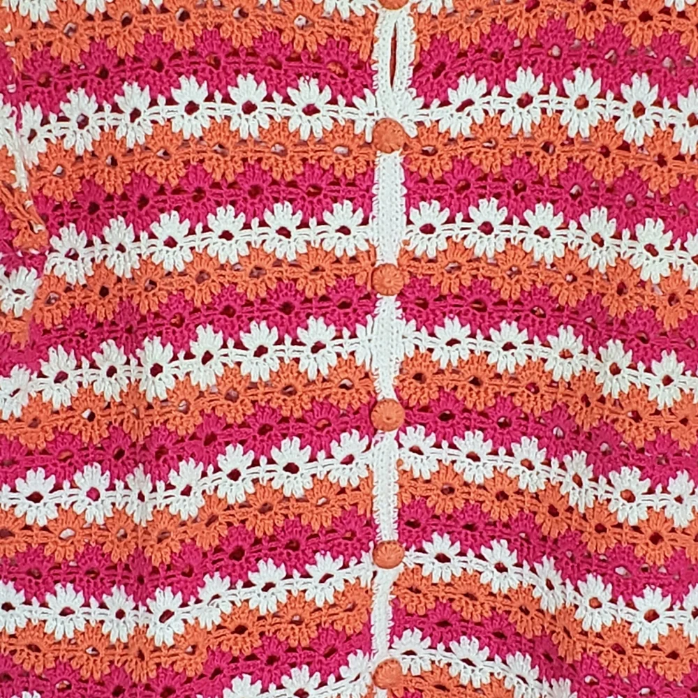 Crochet Button-Down Short Sleeve Shirt - Pink, Orange & White